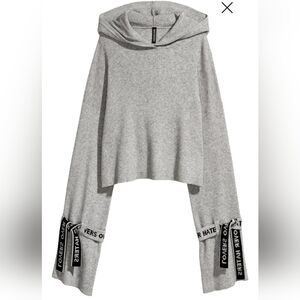 H&M Divided Gray Cropped Rib Knit Hoodie With Jacquard-Knit Ties